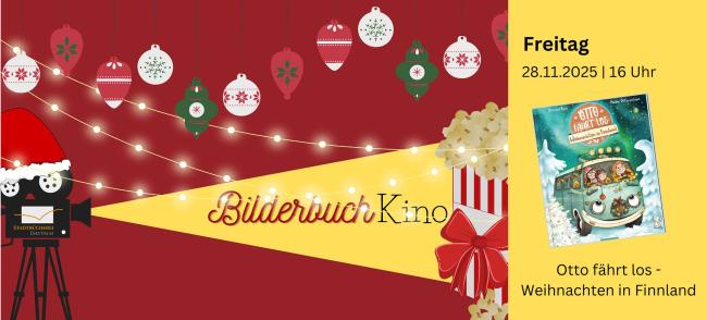 Filmprojektor, der gelbes Licht ausstrahlt. In diesem Strahl steht "Bilderbuchkino. Eintritt frei!" und am Ende des Strahls eine Tüte Popcorn. Auf der rechten Seite ist das Titelbild des Buchs.