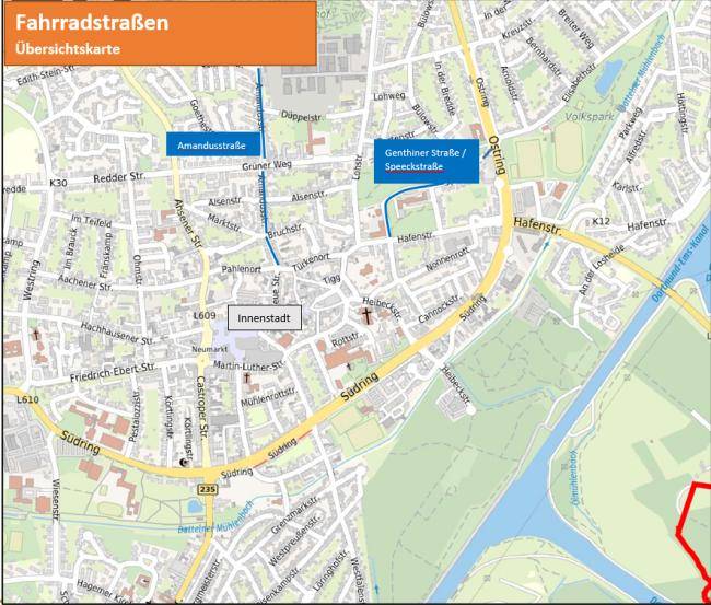 Übersichtskarte Fahrradstraßen in Datteln