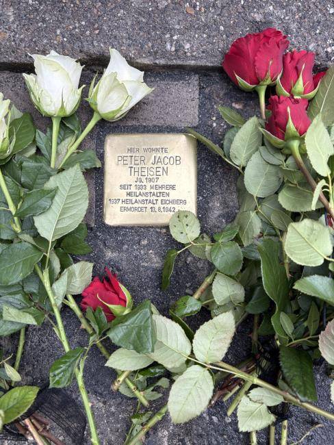 Stolperstein für Peter Jakob Theisen, von weißen und roten Rosen umrankt.
