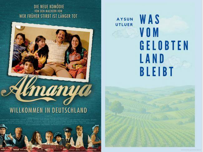 Links das Filmcover von "Almanya - Willkommen in Deutschland" und rechts das Buchcover von "Was vom gelobten Land bleibt"