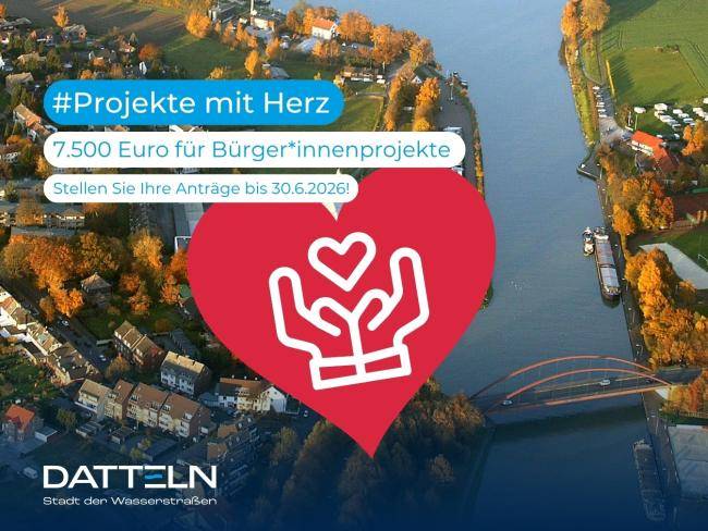 Hinweisbild auf das Bürger*innen-Budget. Vorne ein rotes Herz mit stilisierten Händen, die ein weißes Herz tragen und im Hintergrund das Dattelner Meer. 