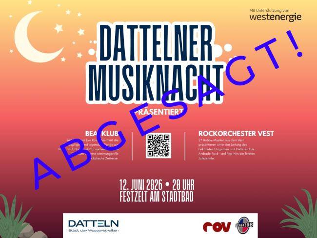 Hinweis auf die Dattelner Musiknacht 2026 mit Zusatz "ABGESAGT!"