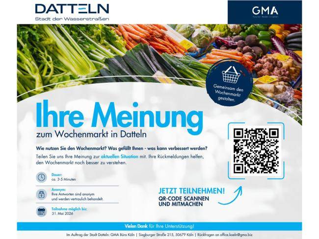 Hinweis auf Online-Umfrage zum Wochenmarkt - unter anderem mit QR-Code