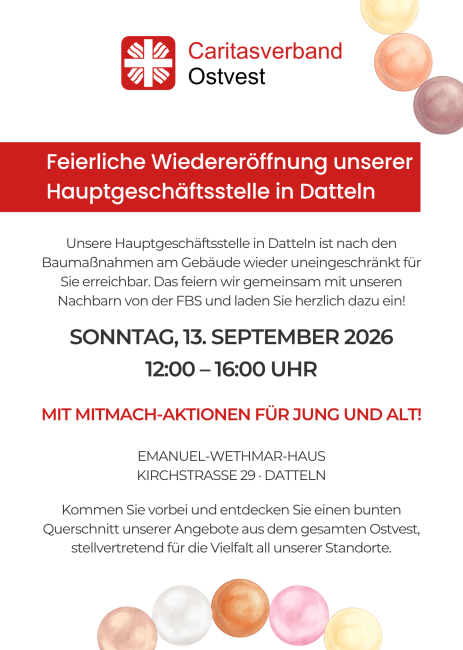 Feierliche Wiedereröffnung der Geschäftsstelle des Caritasverbandes Ostvest e.V. am 13.09.2026 um 12 Uhr
