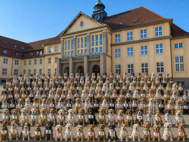 Eine große Menge an Hunden vor dem Rathaus, die alle eine Nummer am Hals trage - KI-Bild