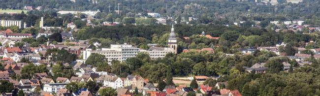 Innenstadt von Datteln mit der Pfarrkirche St. Amandus von oben