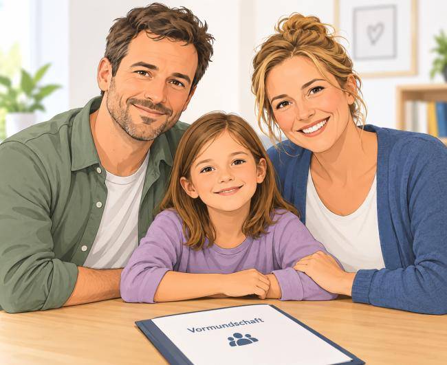Auf dieser Illustration sieht man eine Frau und einen Mann, die ein Kind in ihrer Mitte haben. 