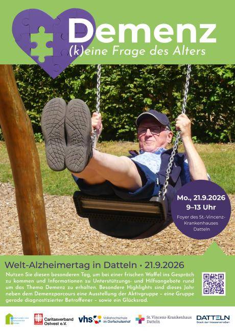 Veranstaltungsplakat, auf dem ein Senior auf einem Spielplatz schaukelt. Bildtext: Welt-Alzheimertag in Datteln am 21.9.2026 von 9 bis 13 Uhr im Foyer des St.-Vincenz-Krankenhauses Datteln.
