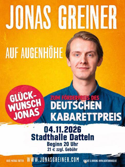Plakat, das auf den Kabarettpreis von Jonas Greiner hinweist