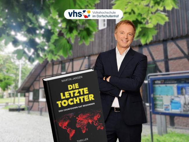 Thriller-Autor Martin Jansen sowie sein Thriller „Die letzte Tochter – Der Countdown hat begonnen" sind vor dem Dorfschultenhof zu sehen (Fotomontage)